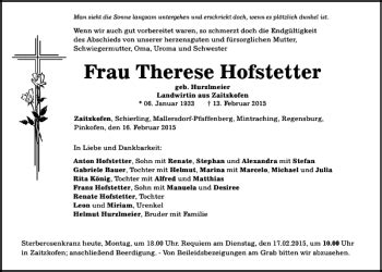 Traueranzeigen Von Therese Hofstetter Mittelbayerische Trauer