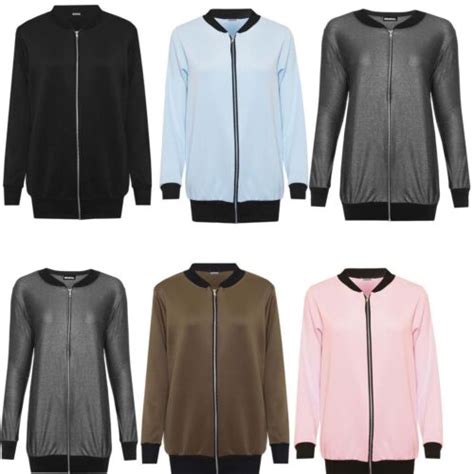 New Womens Ladies Plus Size Bomber Jacket Basic Plain Ribbed Varsity Top 14 28 Ebay