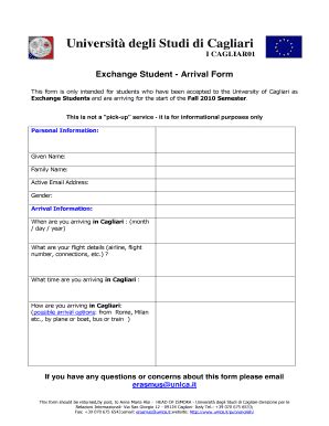 Fillable Online Exchange Student Arrival Form Universit Degli Studi