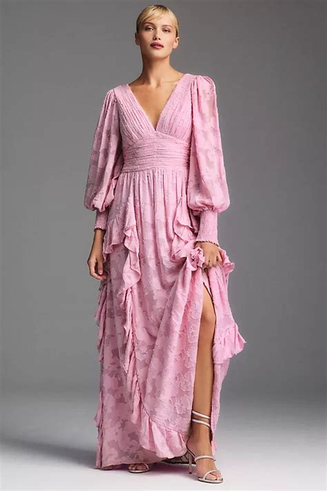 Bhldn Ariana Long Sleeve V Neck Jacquard Ruffled Maxi Dress Anthropologie