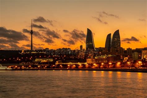 Night View of Baku with the Flame Towers Skyscrapers Stock Image ...