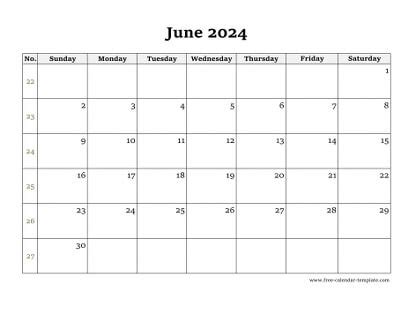 Simple June Calendar Large Box On Each Day For Notes Free