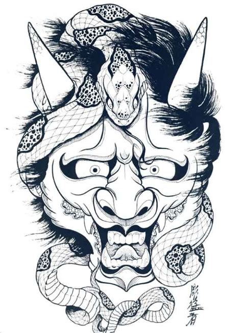 Amusing colorless demon face and entwining snake tattoo design ...