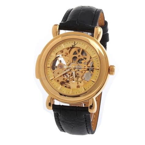 Men Golden Round Dial Self winding Wrist Watch Black Leather Strap Automatic Skeleton Watches-in ...