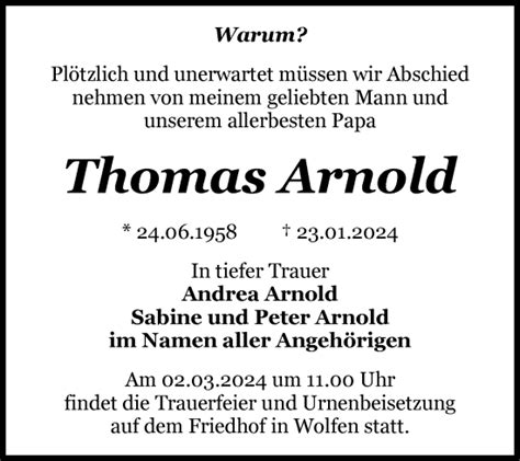 Traueranzeigen Von Thomas Arnold Abschied Nehmen De