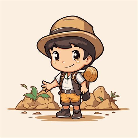 Ni O Explorador Con Mochila Y Sombrero De Pie En El Suelo Ilustraci N