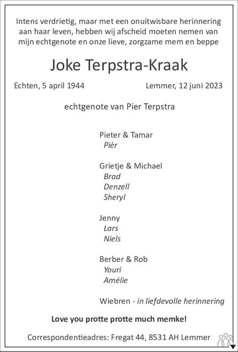 Joke Terpstra Kraak 12 06 2023 Overlijdensbericht En Condoleances