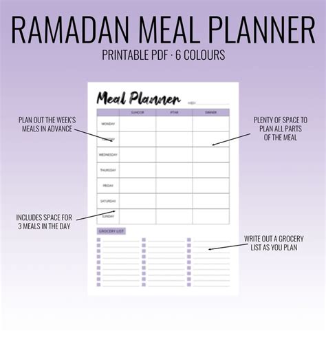 Ramadan 2024 Meal Planner Printable 6 Colors A4 Portrait Digital