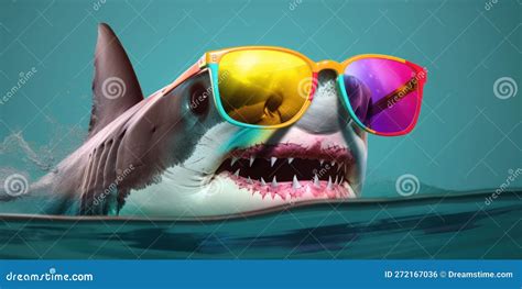 A Photorealistic Image Of A Shark Wearing Colorful Sunglasses