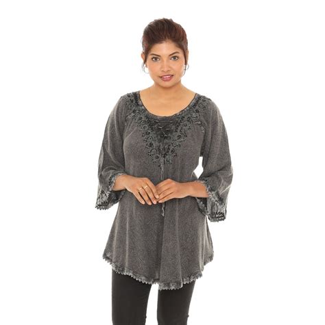 Womens Embroidered Scoop Neck Lace Accent Tunic Top Boho Tunic Top