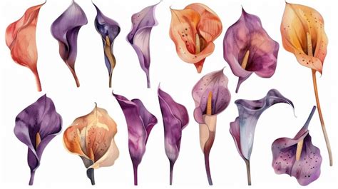Premium Photo Floral Clipart Of Purple Gold Calla Lilies Herbarium