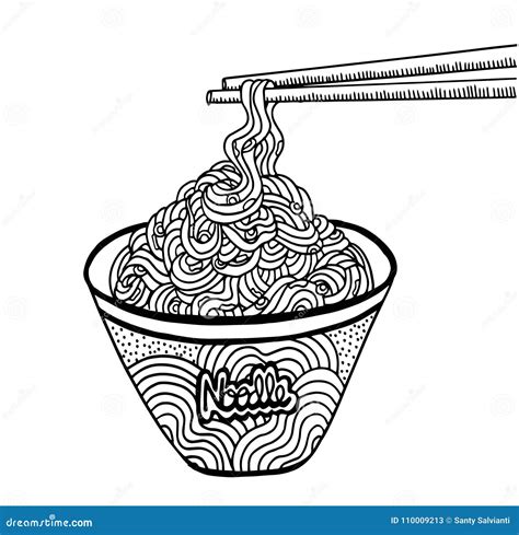 Black And White Noodle At Bowl Illustration Hand Drawing Stock Vector
