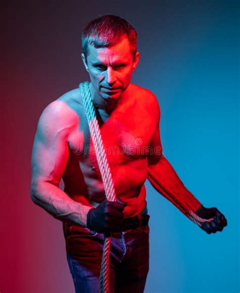 Handsome Naked Torso Man In Gloves With A Rope Stock Image Image Of