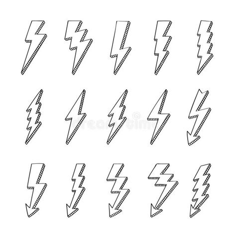 Doodle Lightning Bolts Vector Logo Set Concept Of Energy And Electricity Cartoon Flash