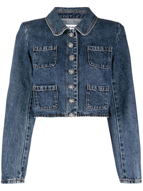 Self Portrait Crystal Embellished Cropped Denim Jacket Farfetch