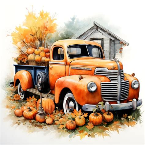 Vintage Truck With Pumpkins On A Background Of Autumn Leaves Stock