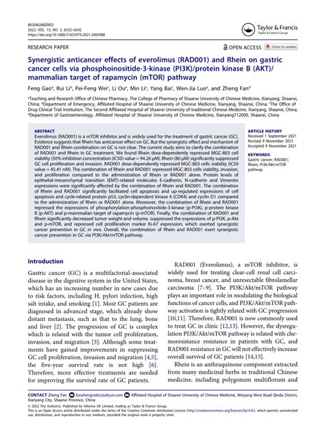 PDF Synergistic Anticancer Effects Of Everolimus RAD001 And Rhein