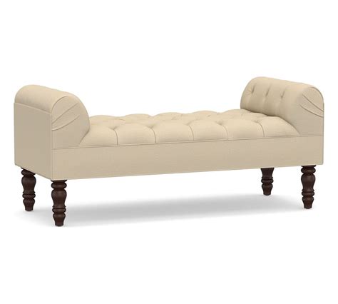 Lorraine Upholstered Tufted Bench Park Weave Oatmeal Pottery Barn Havenly