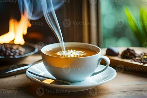 Un Taza De Caf Con Un Humeante Taza De Caf En Un Mesa En Frente De Un