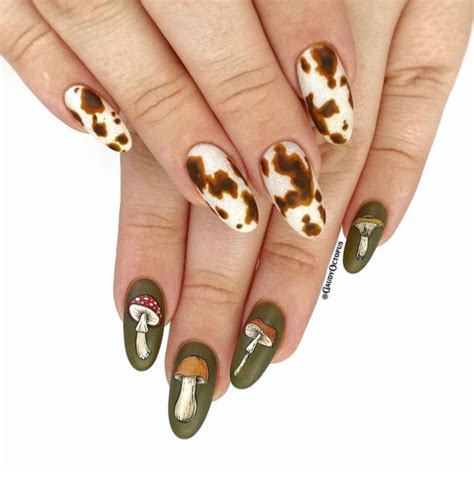 30 Mushroom Nail Designs Cow Print Mushroom Green Nails