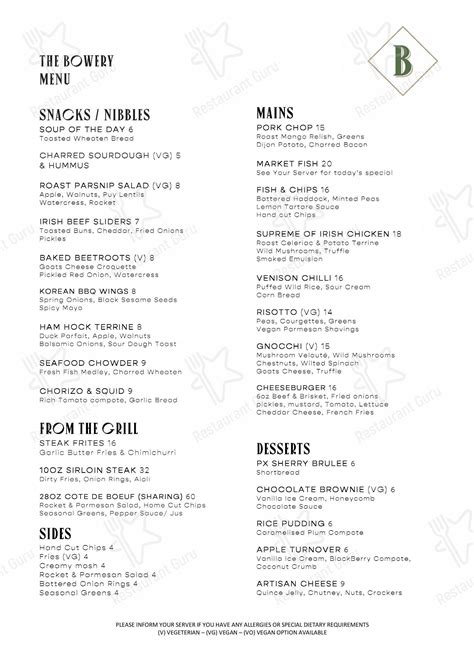 Menu At The Bowery Pub And Bar Belfast 701 Lisburn Rd