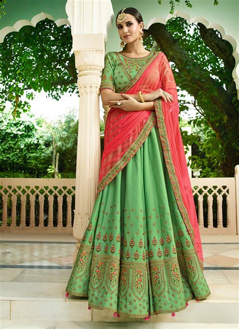 Buy Green Embroidered Silk Designer Lehenga Choli Online 90812