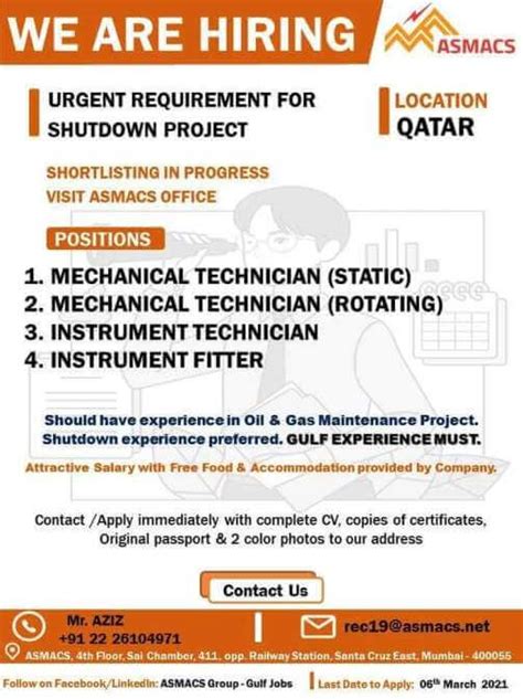 Technician Jobs Required For Shutdown Project In Qatar