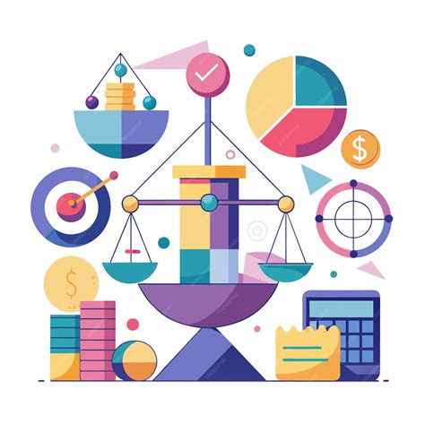 Una balanza rodeada de varios elementos que muestran un proceso de