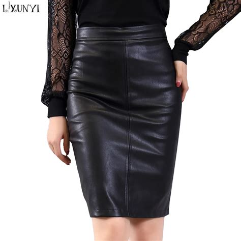 LXUNYI 2019 Autumn Black Faux Leather Skirts Womens Casual Knee Length