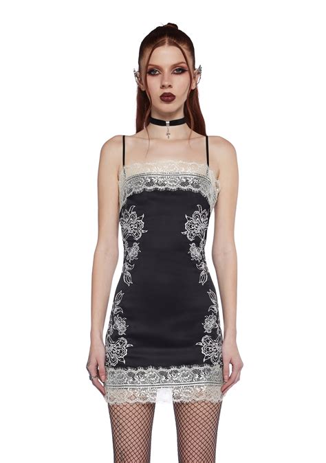 Widow Goth Lace Floral Embroidered Satin Slip Dress Black Dolls Kill