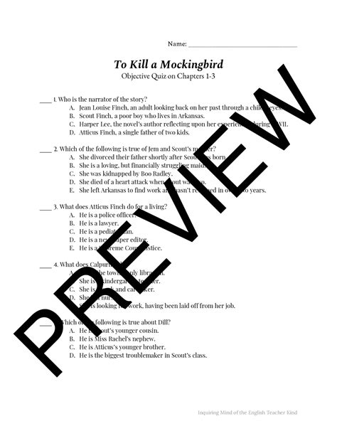 To Kill A Mockingbird Quiz Chapters 1 3 Teaching Resources