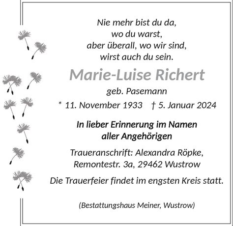 Das Trauerportal F R L Chow Dannenberg Todesanzeigen Marie Luise