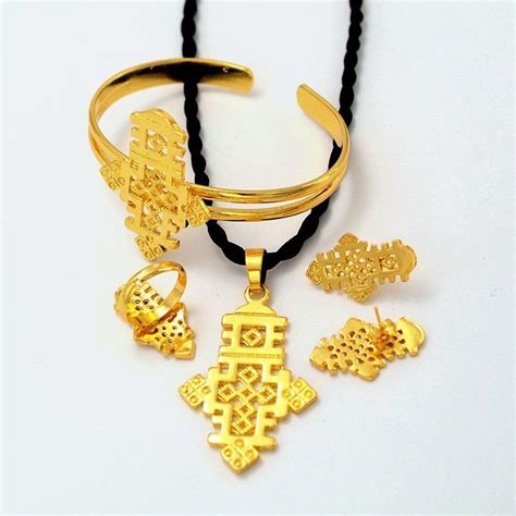 Ethiopian Necklace Pendants And Earrings Set 18K Gold Filled Jewelry ...