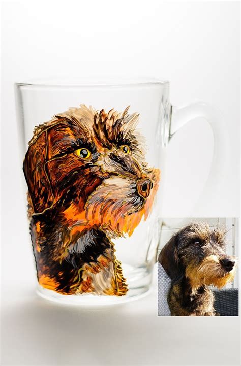 A Glass Mug With A Dogs Face Painted On The Front And Back Side