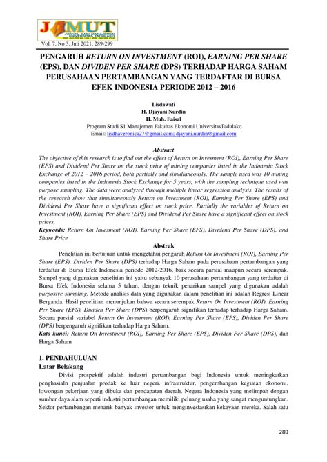 Pdf Pengaruh Return On Investment Roi Earning Per Share Eps Dan