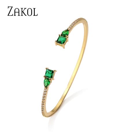 Zakol Personality Fashion Geometric Square Green Cubic Zirconia Cuff