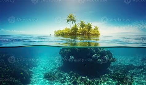 Tropical Island And Coral Reef Split View With Waterline Beautiful