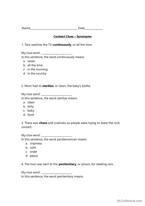 Synonyms Context Clues Worksheets