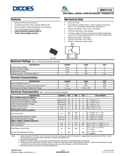 MMST4124 Diodes Incorporated TRANSISTOR Hoja de datos Ficha técnica