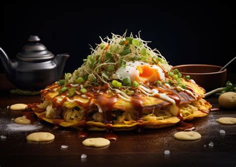 Premium AI Image | A shot of Okonomiyaki with a variety of toppings