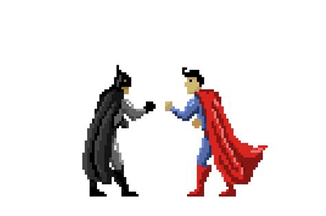 Two People Dressed Up As Batman And Superman In Pixel Art Style One Is