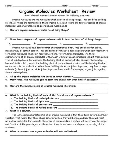 Organic Molecules Worksheet Teacherweb