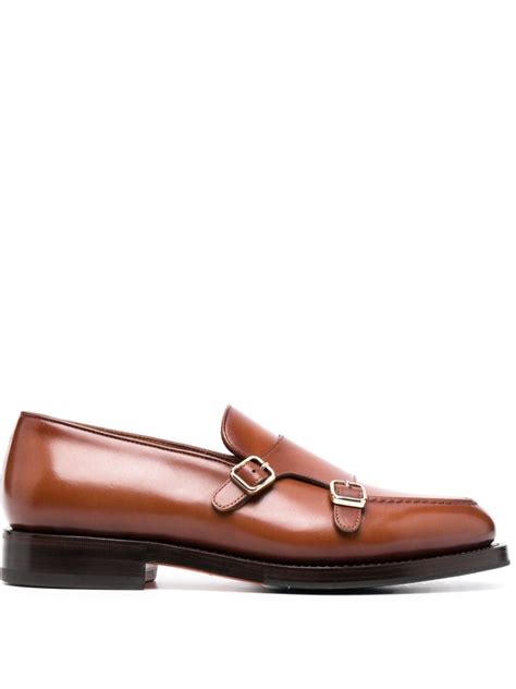 Santoni Double Buckle Leather Monk Shoes In Brown Modesens