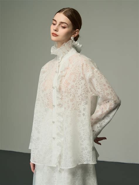 Lace Sheer Elegant Retro High Neck Frill Blouse Arcana Archive