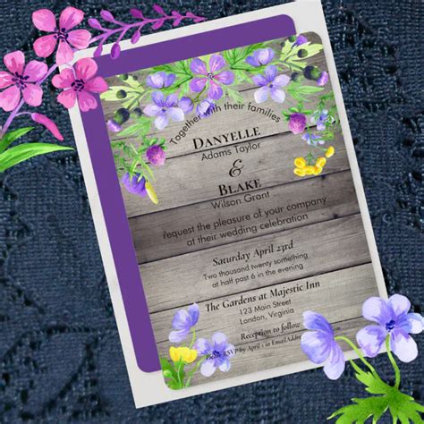 Rustic Watercolor Wildflowers Purple Blue Wedding Invitation Zazzle