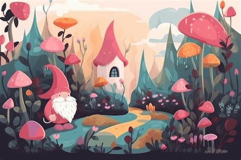 Una Ilustraci N De Dibujos Animados De Gnomos En Un Bosque Con Una Casa