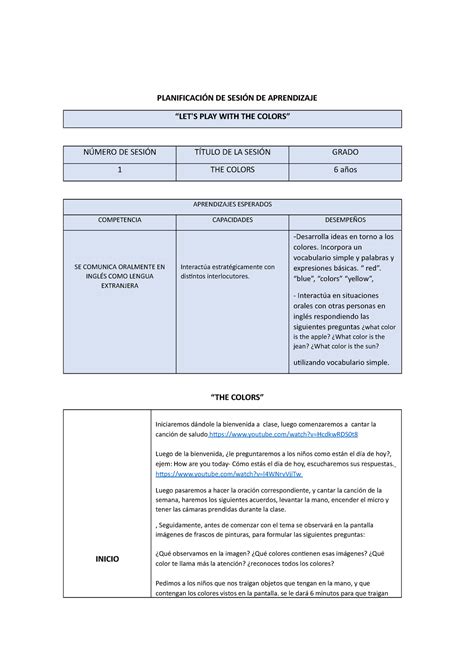 Sesion De Clase Ingles Planificaci N De Sesi N De Aprendizaje Let S