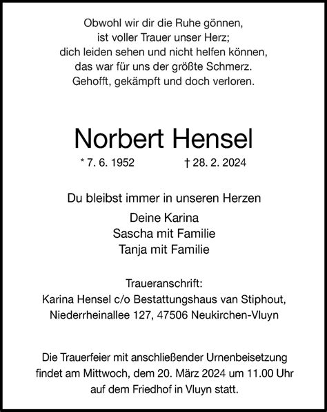 Traueranzeigen Von Norbert Hensel Trauer In Nrw De