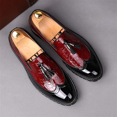 Burgundy Patent Tassels Dapper Mens Loafers Flats Dress Shoes