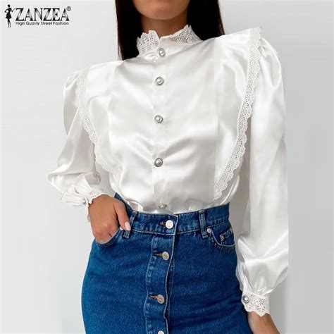 Cheap ZANZEA Women Long Sleeve Satin Lace Patchwork Stand Collar